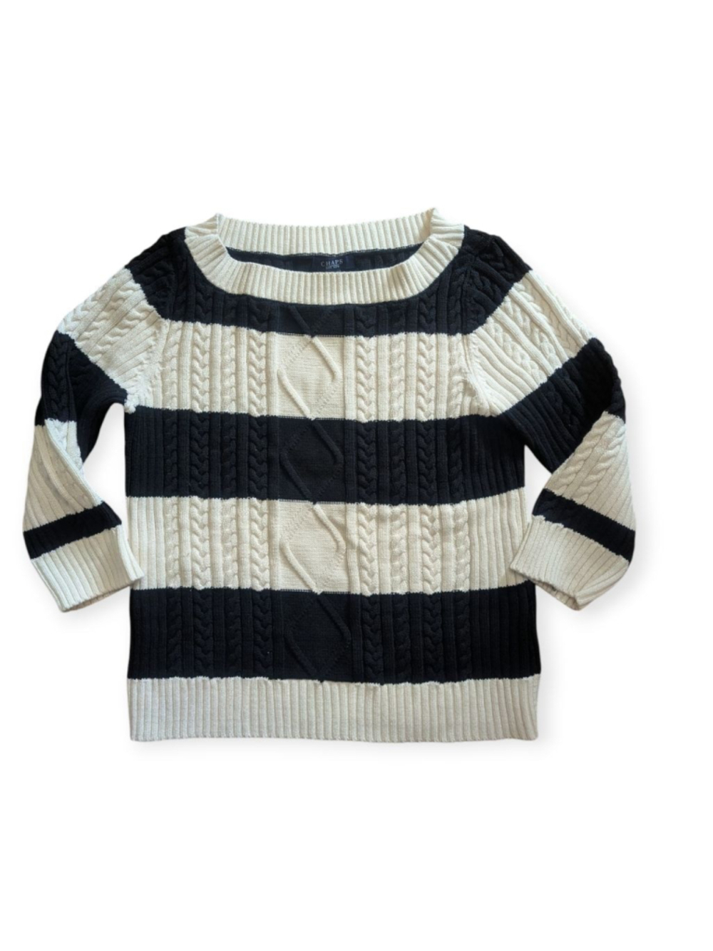 Chaps Sweater Large Cream Black Cable Knit